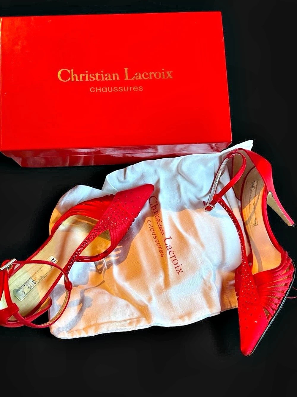 Christian Lacroix Red Satin Rhinestone Heels + box + dustbag US 7.5 / EU 37.5